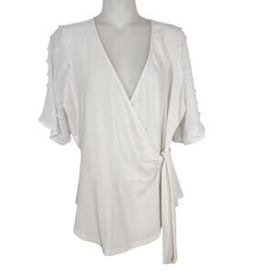 Flower and Feather Top Womens Large White Wrap Tie Side Peplum Swiss Dot V Neck
